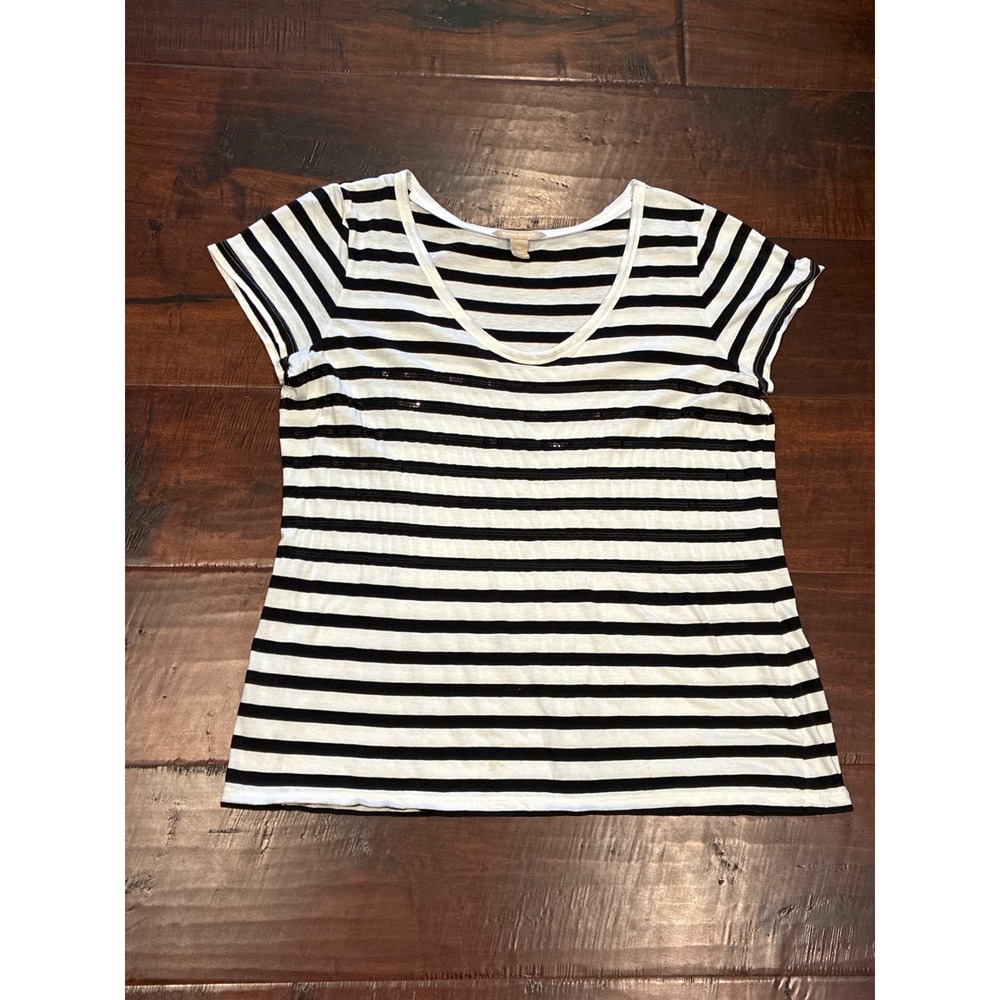 Banana Republic Sequin Striped Tee Women‎ XL Black White Pima Cotton V-Neck